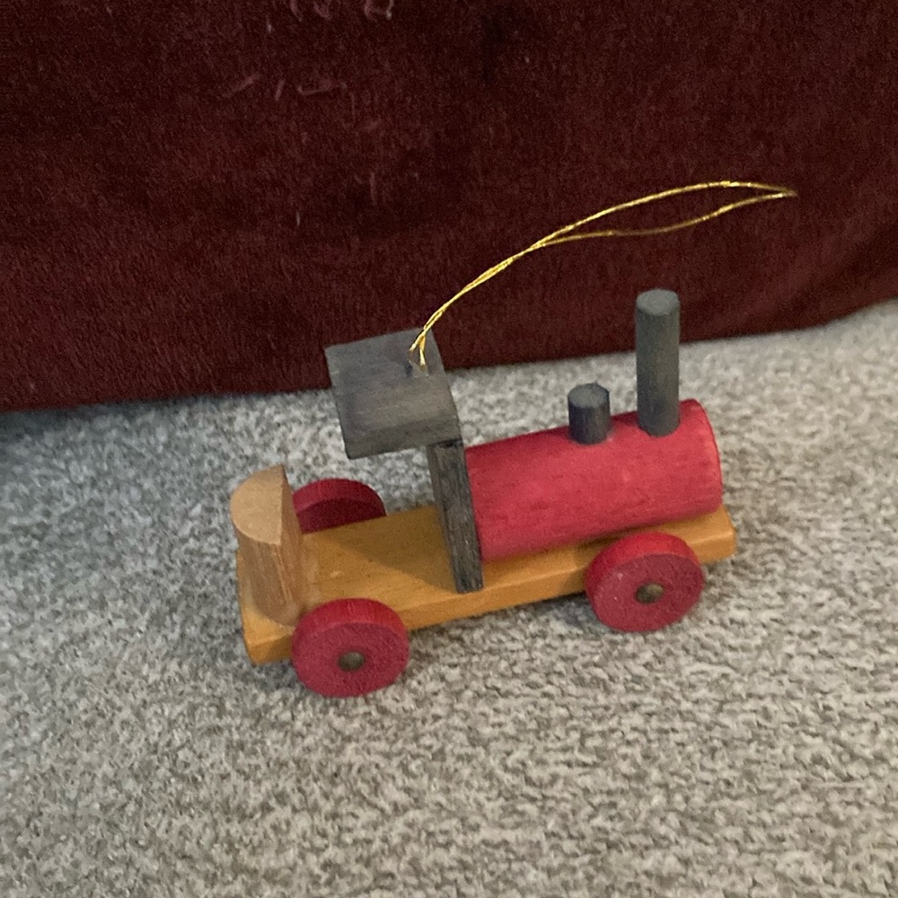 Ornament 3 inch by 1.5 inches wooden train blue/red/brown